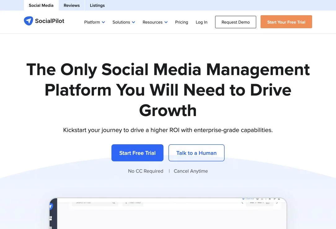 SocialPilot public landing page hero or marketplace listing