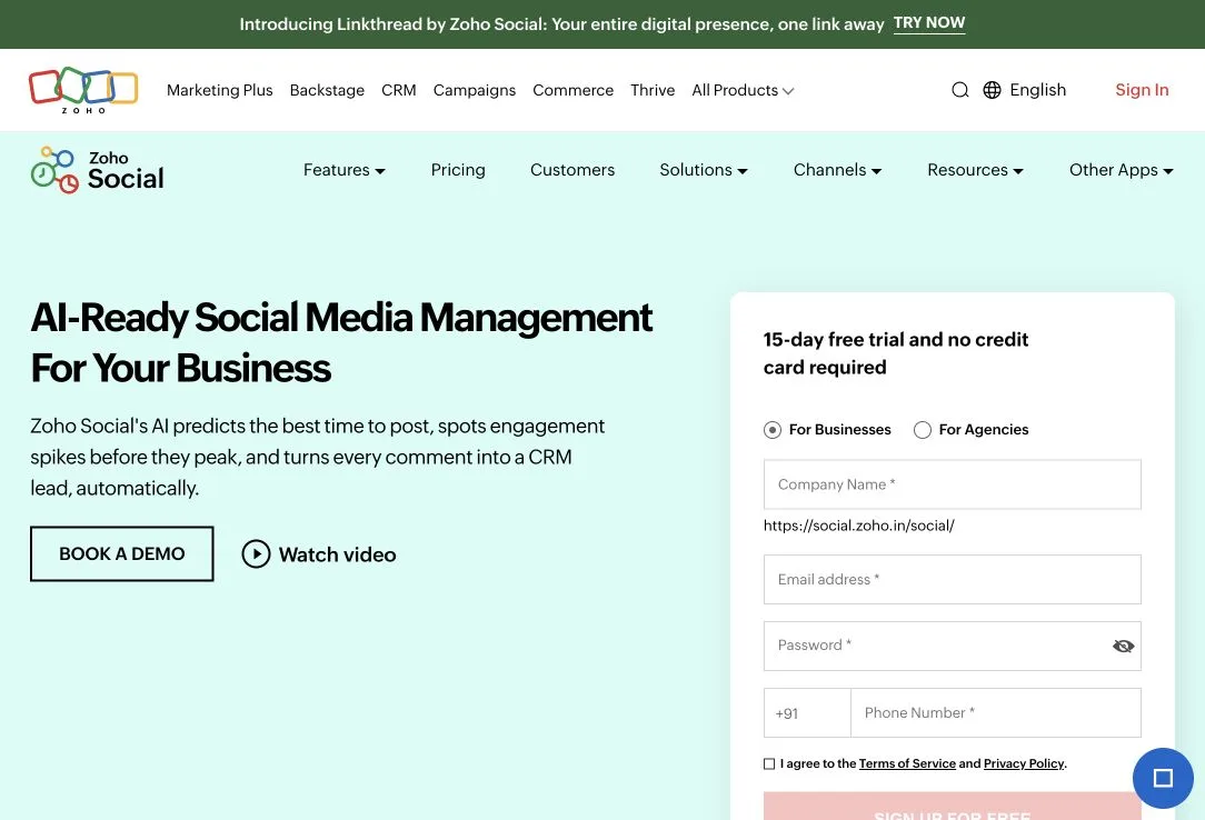 Zoho Social public landing page hero or marketplace listing